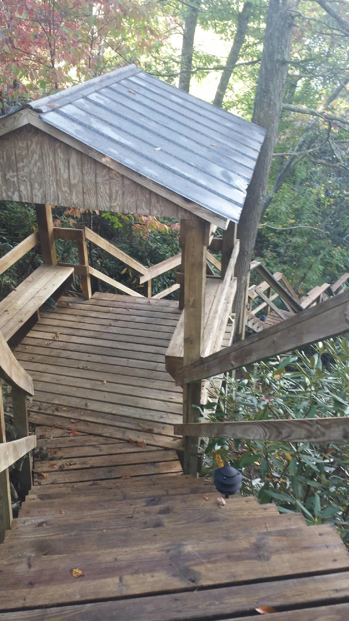 Metal roofed shelter over wooden steps on a wooded walkway — Skylight Repair & Installation work by our crew in New Hudson